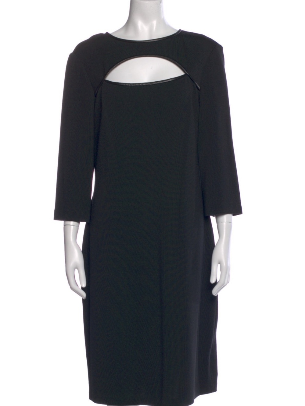 St. John Black Wool Blend Cutout Sheath with Leather Trim Shift  Dress – Size 12 - Picture 2 of 13